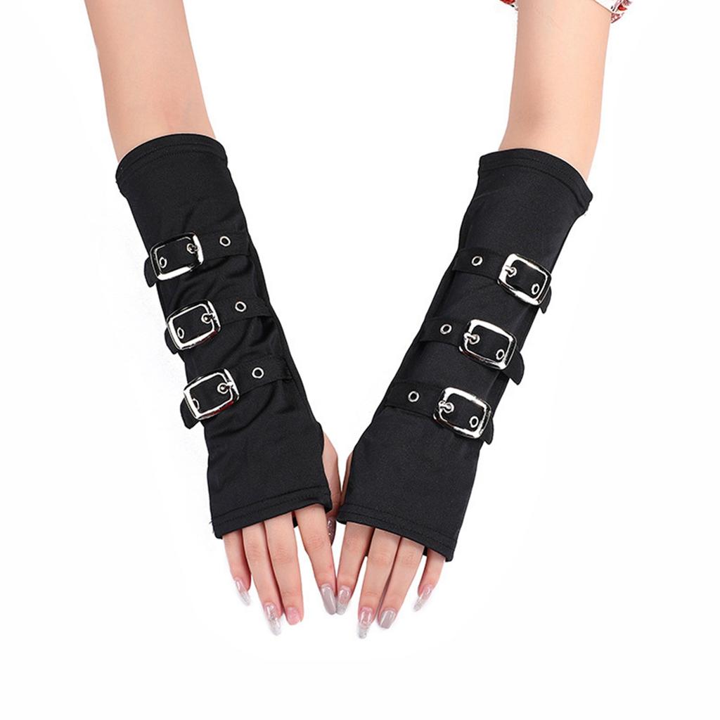 Guantes Largos para Mujer con Orificio para el Pulgar Decoración de 3 Hebillas Guantes Elegantes sin Dedos para Fiesta de Cosplay Negro