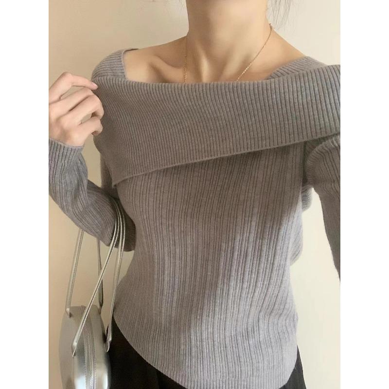 Temperament one-word shoulder base sweater women's autumn and winter inner long-sleeved lapel knitted sweater unique chic top women