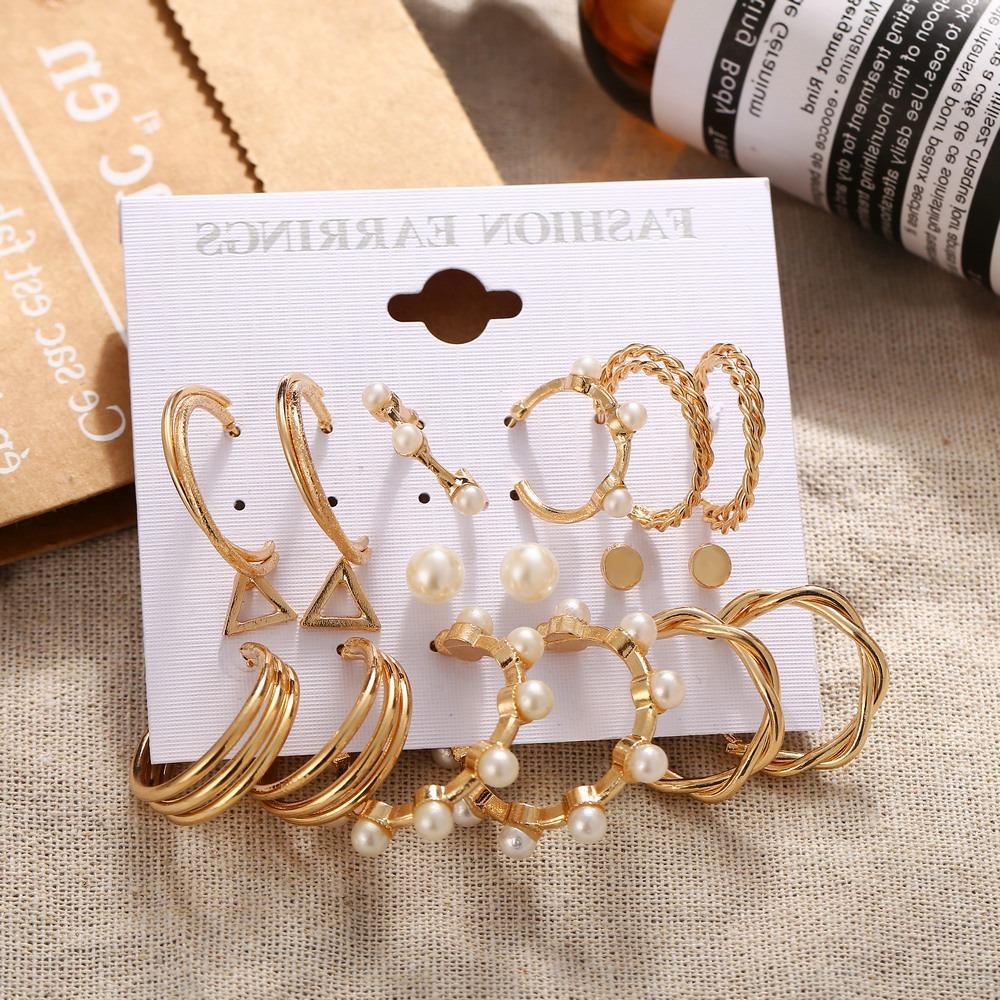 6 Pair Gold Vintage Geometry Pearl Earrings Set Metal Twine Square Dangle Earrings