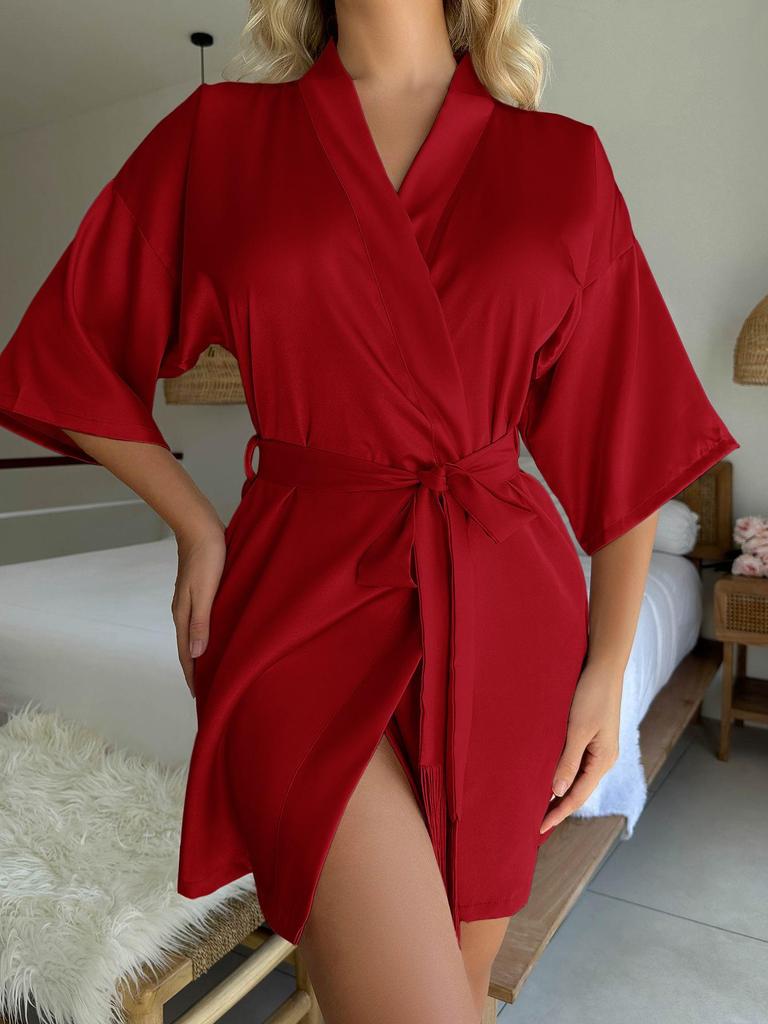 European & American Women's Mid-Sleeve Sexy Short Tassel Bathrobe Pajamas