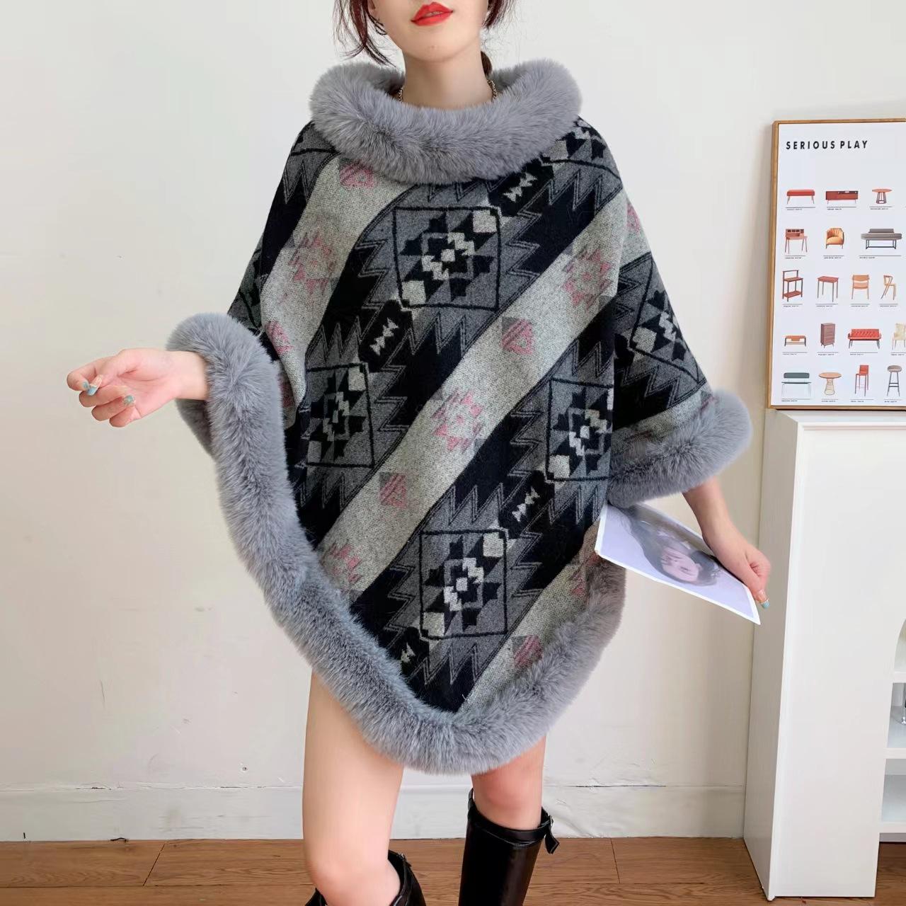 

2025 new plaid thermal cape imitation Rex rabbit hair shawl women s clothing for jacquard shawls 60-80cm світло-сірий колір