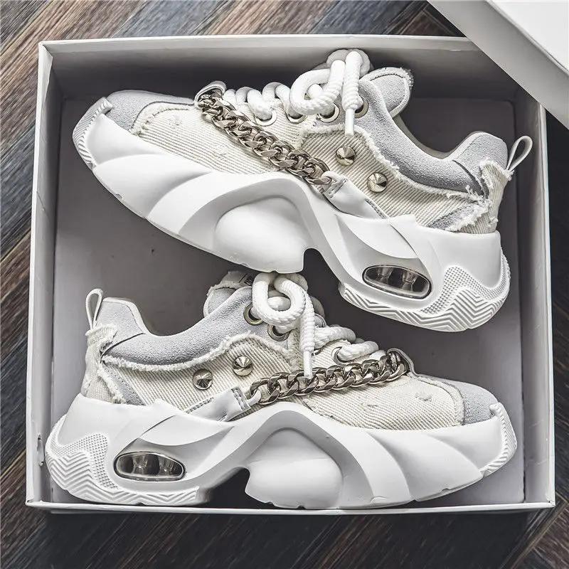 Fashion Men's Shoes  Autumn New Trendy Thick Soled Height Increasing Shoes Wear-resistant Metal Chain Tie Comfort Rivet Sneakers 2025