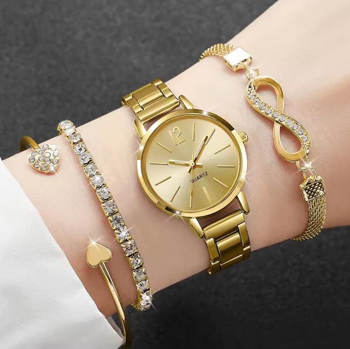 Fashion Roman Numeral Women's Watch & Bracelet Set with Diamond Inlay