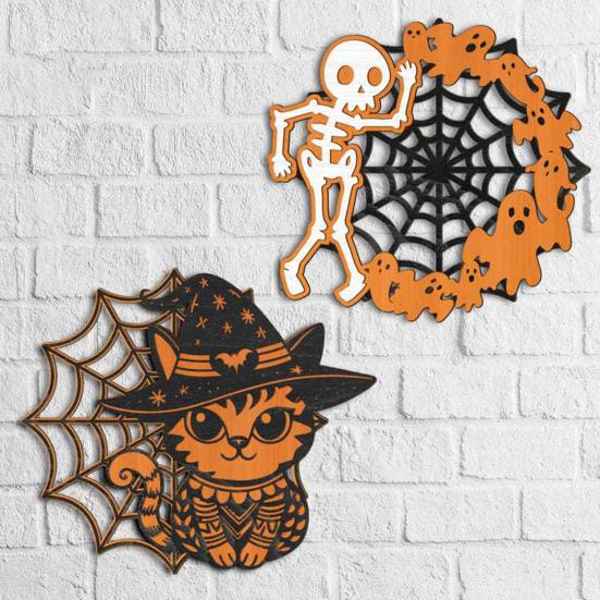 Halloween Door Sign Skeleton Ghost Cat Pumpkin Wooden Welcome Sign