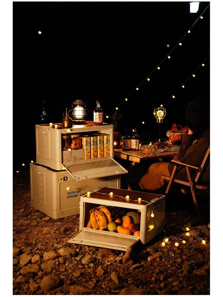 Portable Wheeled Camping Storage Box with Wooden Lid and Side-Opening Access