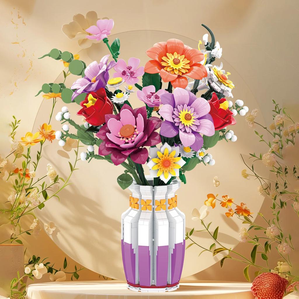 1278PCS Spring Bouquet Building Blocks Flower With Vase Model Bricks Desktop Decoration DIY Toys For Children Holiday Gifts