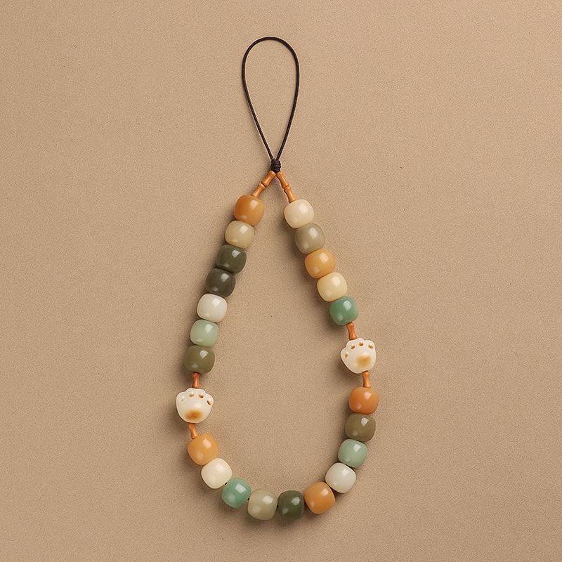 Charcoal-burned cat paw bodhi root vintage beads olive bamboo knot phone chain pendant for women, lucky cat phone strap anti-loss accessory Bodhi Old-style Bead Phon