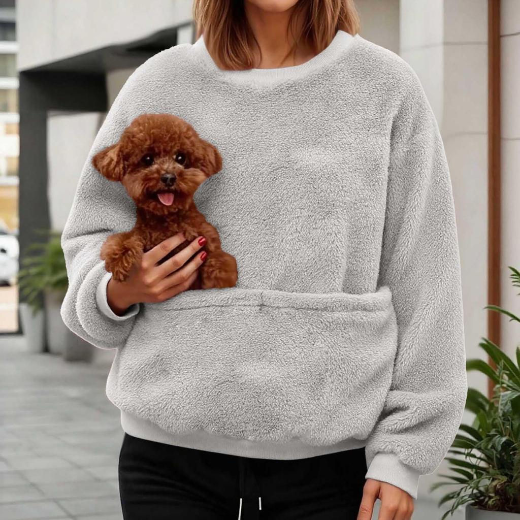 Women's Fashionable Solid Color Round Neck Long Sleeved Pocket Sports Shirt Plush Hoodie Top