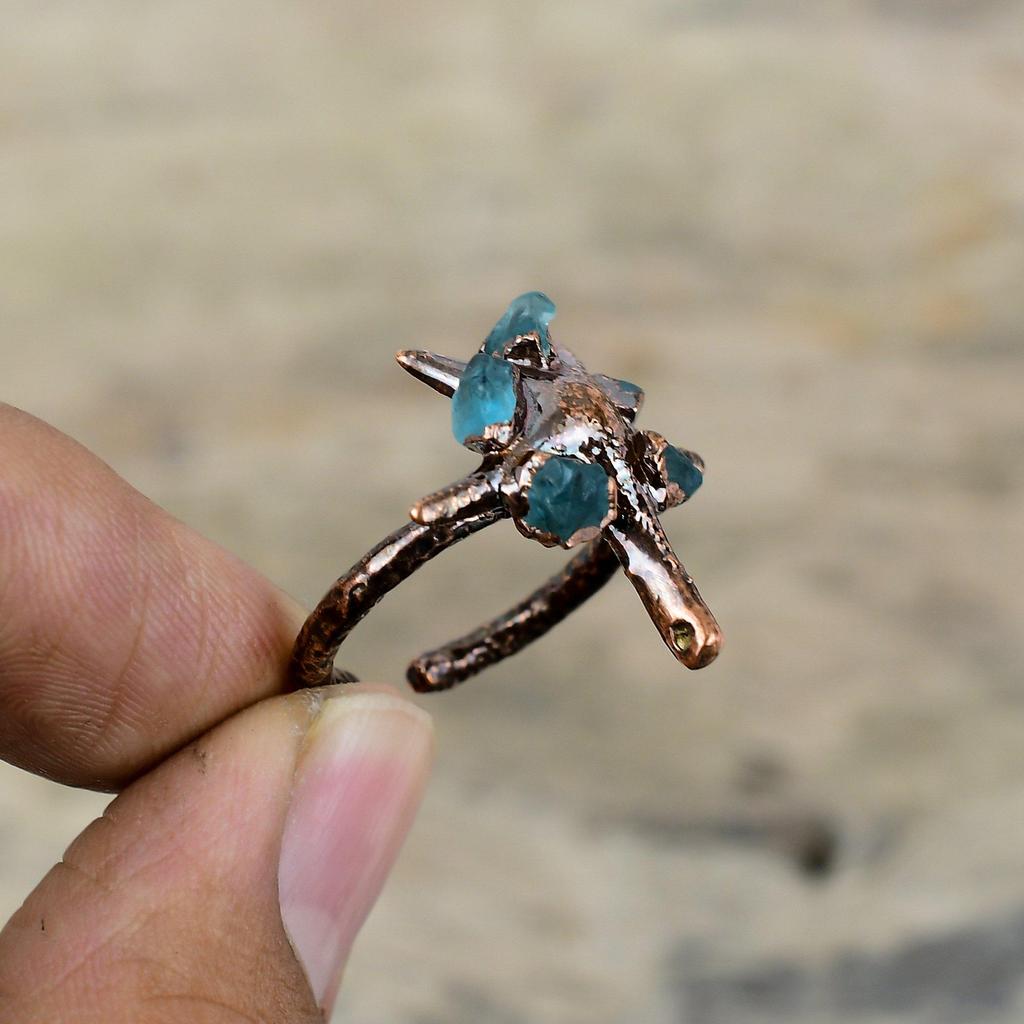 Aquamarine Rough Ring Electroformed Copper Ring Handmade Adjustable Ring Copper Jewelry Gemstone Ring Anniversary Gift Electroformed Jewelry
