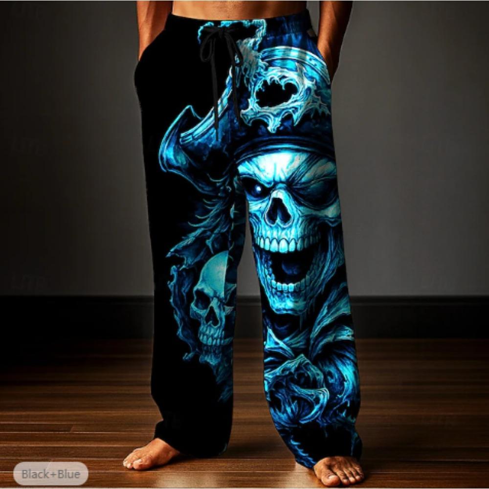 Men's 3D Skull Head Printed Baggy Casual Trousers, Elastic Drawstring Waist with Pockets, for Spring Summer Home Outdoor Vacation