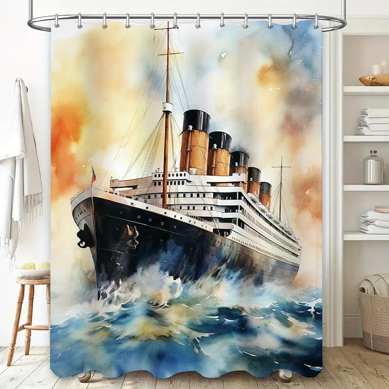 Decorative Shower CurtainTitanic Ship Design for Bathroom Decor Waterproof Fabric with Hook Rings (Blue/White)