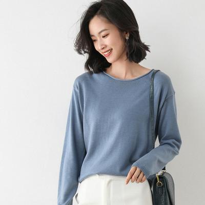 Women's Spring and Autumn Round Neck Wide Knit Sweater Temperament Pure Color Bottoming Shirt