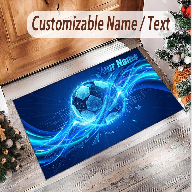 Soccer Theme Soft Crystal Velvet Rug Custom Name & Text Print Non Slip Floor Rug for Bedroom Living Room
