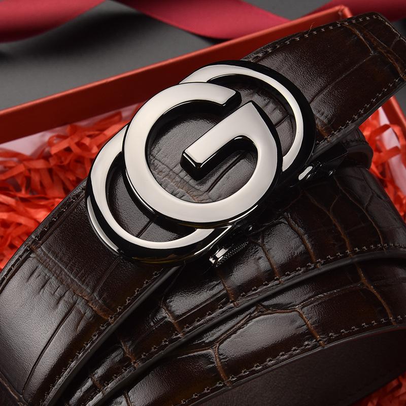 Male Alligator Pattern Leather Belt Imitation Steel Alloy Large G Letter Automatic Buckle, Light Luxury