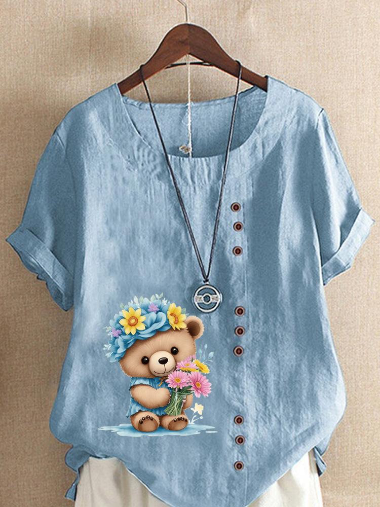 Women's Fashion Flower Bear Print Casual Cotton Linen Short Sleeve Round Neck T-shirt Shirt Leisure Loose Summer Blouse Tops