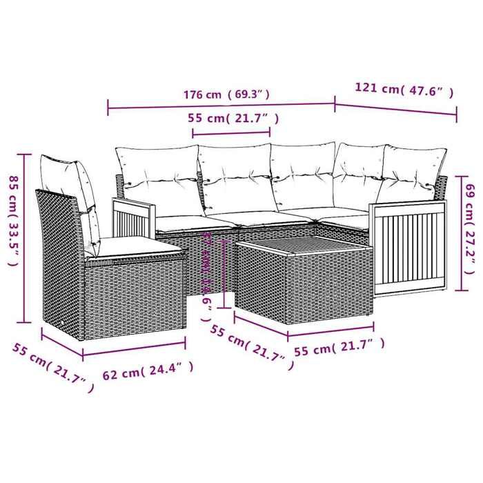 VidaXL Salon de Jardin avec Coussins 6 pcs, Canapés de Patio, Ensemble de Meubles, Mobilier de Terrasse Extérieur, Noir 3260060