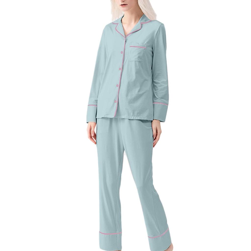 Rose Halcyon Pajama Breathable Long Solid Cute for and Winter Size Loungewear, Two-Piece Set, Open-Front, Comfortable, Cotton, Sleeves, Pants, Green,