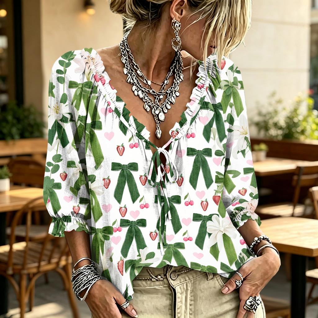 Women's Printed V-Neck Blouse with Tie and Ruffle Trim for Casual Wear