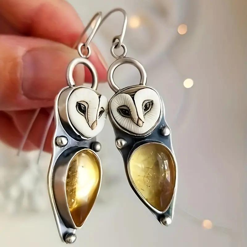 Vintage Water Droplets Champagne Color Stone Earrings Metal Silver Color Patterned Owl Dangle Earrings for Women Jewelry