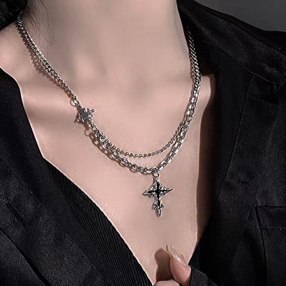 Hiphop Punk Long Cross Necklace for Women Men Double Layer Chain Gothic Jewelry Halloween Gift Trendy