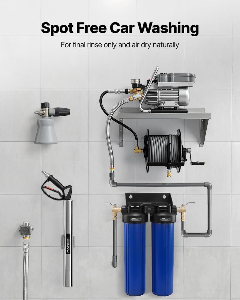 Système d'eau déminéralisée pour lavage de voiture, Système d'eau de lavage de voiture sans traces avec 2 x 4L de résine DI, Vanne de dérivation et testeur TDS, Filtre à eau déminéralisée sans traces