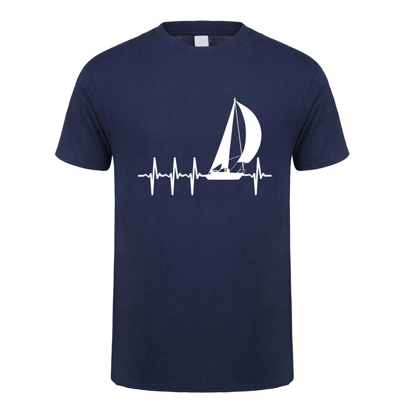 Cool Heartbeat Sailing T Shirt Men Short Sleeve Cotton Boat Sail T-shirts Man Tops Tee  Gift JL-042