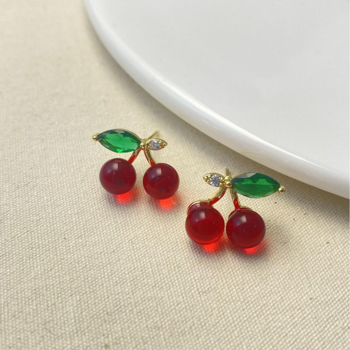 Chic Red Cherry & Green Leaf Stud Earrings - Elegant, Versatile, Light Luxury Jewelry