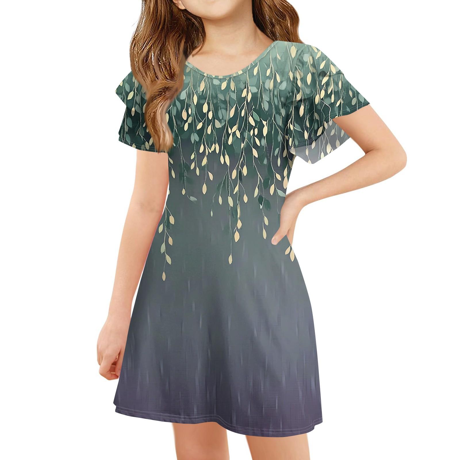 

Children s ruffled sleeve dress Girls summer -neck A-line flower print casual cute dress 150 циан