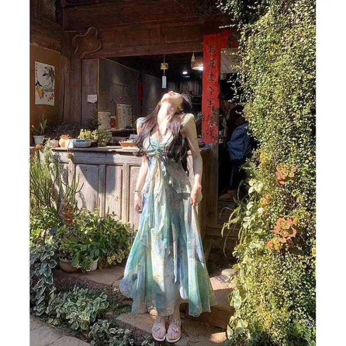 

French forest floating summer temperament vacation suspender dress smudged summer new waist skirt new fashion L