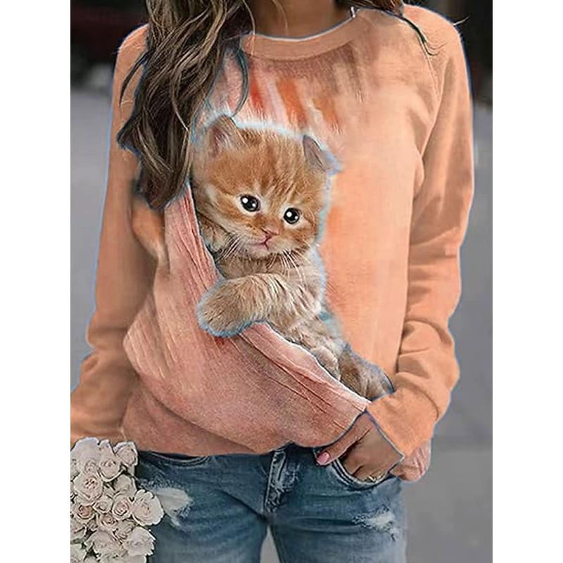 Women's Pullover Sweatshirt Print Graphic Animal Cat Casual Long Sleeve Crew Neck Regular Tops