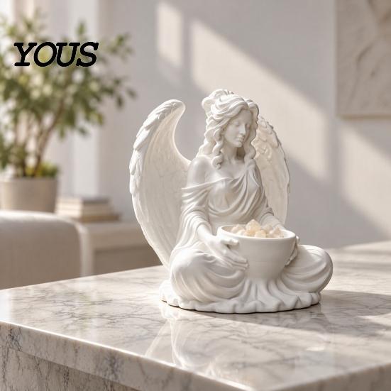 Housewarming Present for Her 3D Printed Sitting Angel Figurine with Bowl, White Statue Tabletop Entrance Hall Key Holder Ornament, Multi-Purpose