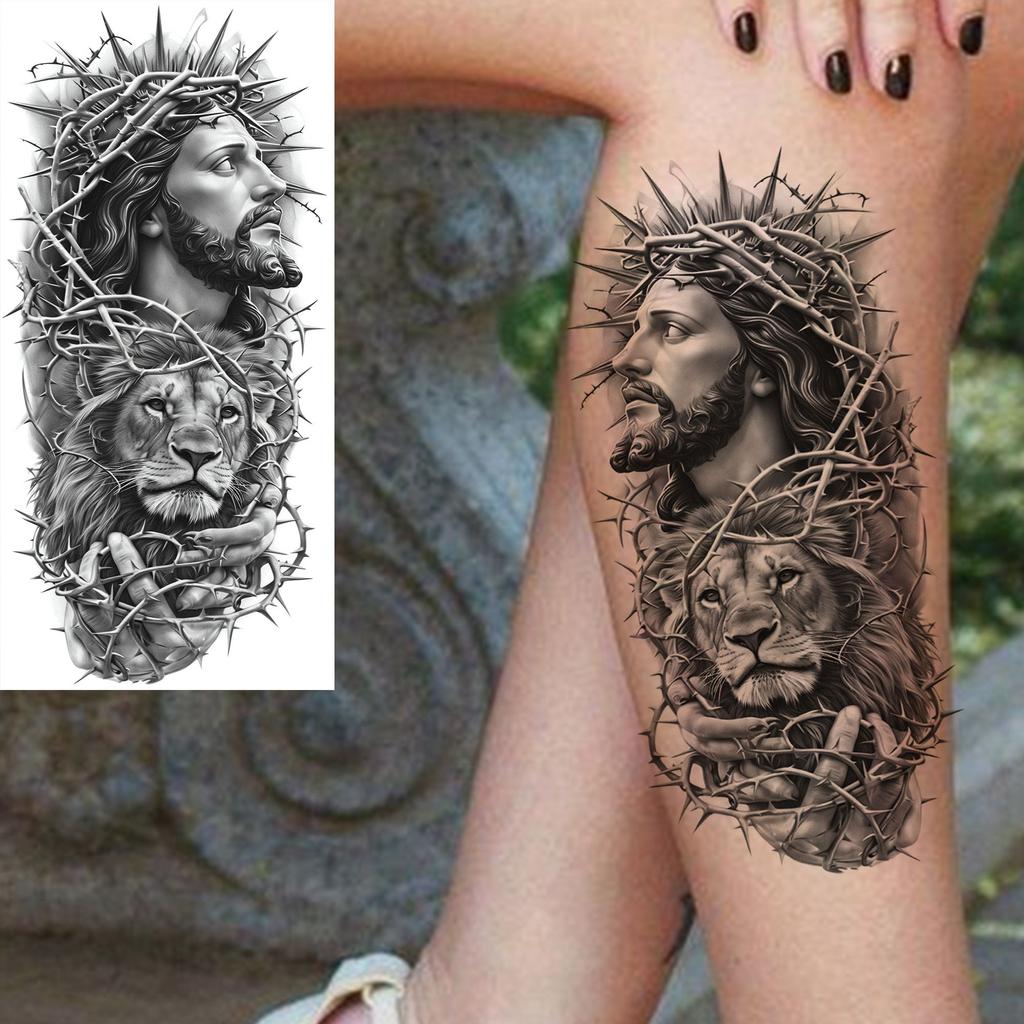 1 Sheet Waterproof Jesus With Cross Thorn Temporary Tattoos For Men Women Realistic Zeus Warrior Tatoos Temp Fake Tattoo Sticker
