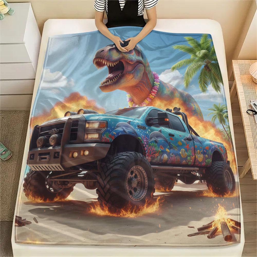 1Pc Cool Pickup Truck Print Flannel Blanket, High Quality Comfortable for All Seasons, Home Decor, Warmth and Comfort, Perfect for Christmas Gifts