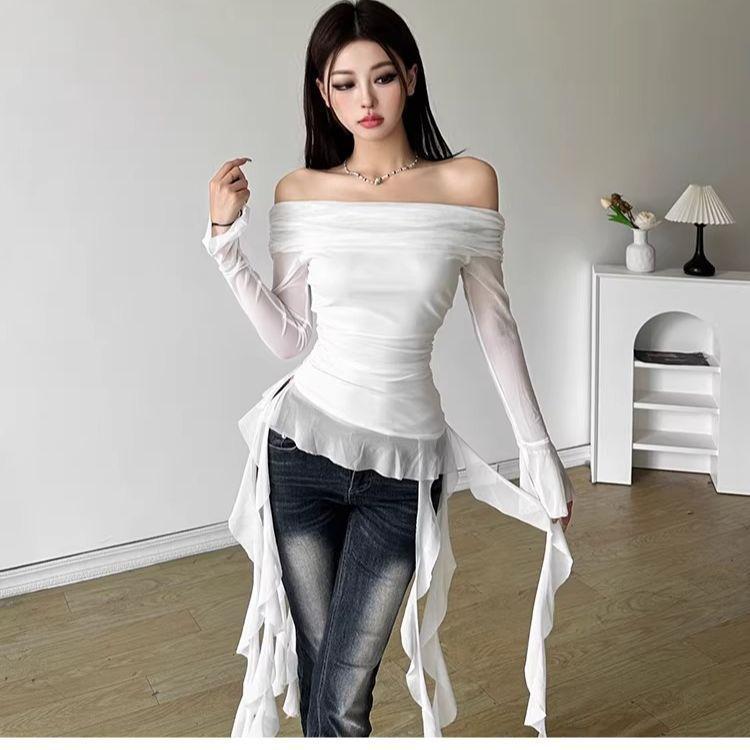 Factory spot pure desire sexy style design sense one-word collar female lotus leaf edge tassel slim and thin irregular top S белый