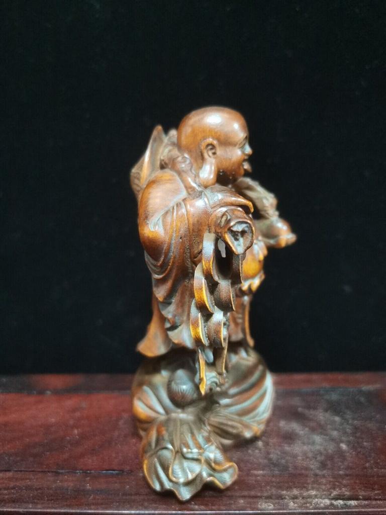 Chinese Vintage Boxwood Carved Rich Maitreya Buddha Statue Nice Sculpture Art