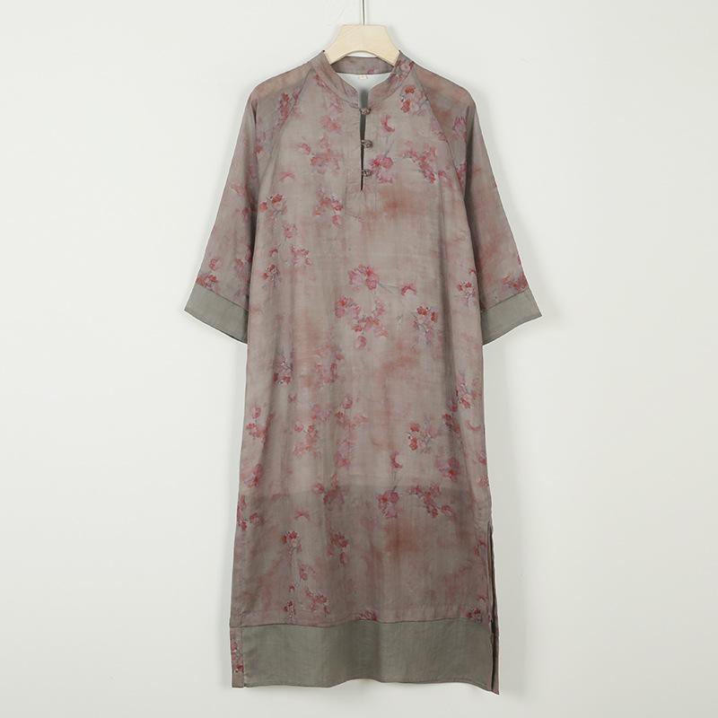 

Johnature Women A-Line Print Floral Dresses Stand Seven Sleeve Spring Button Chinese Style Dresses XXL розовый