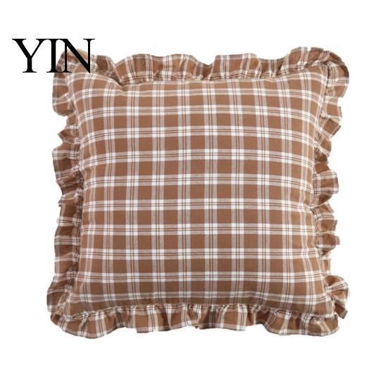 Federa Cuscino Decorativa Divano Shabby Chic con Volant, Fodera Cotone a Quadri con Bordo Arricciato, Federe Arricciate Vintage 18x18 Pollici 20x12 Copertura Decorativa