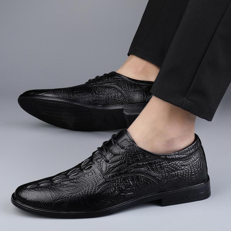 Genuine Leather Mens Casual Shoes Cowhide Business Male Footwear Comfortable Formal Dress Footwear Crocodile Pattern Derby Shoes