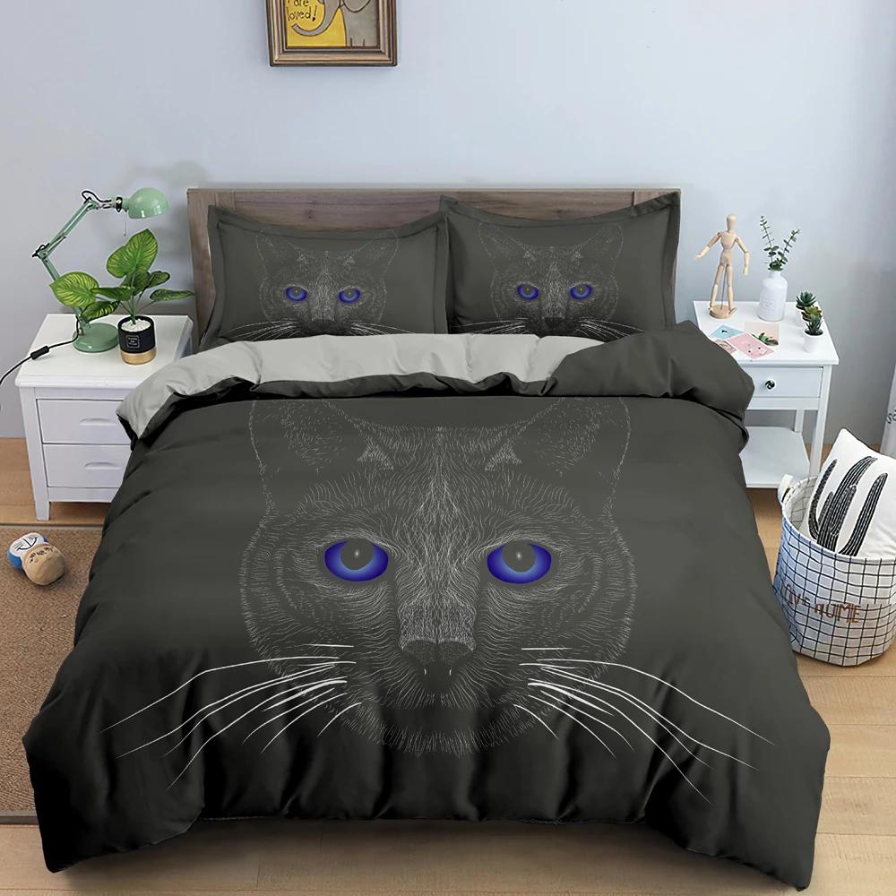 Cartoon Cat Duvet Cover Kawaii Black Kitty For Kids Teens Women Girls Pet Animals Polyester Quilt Cover For Bedroom Decoration
