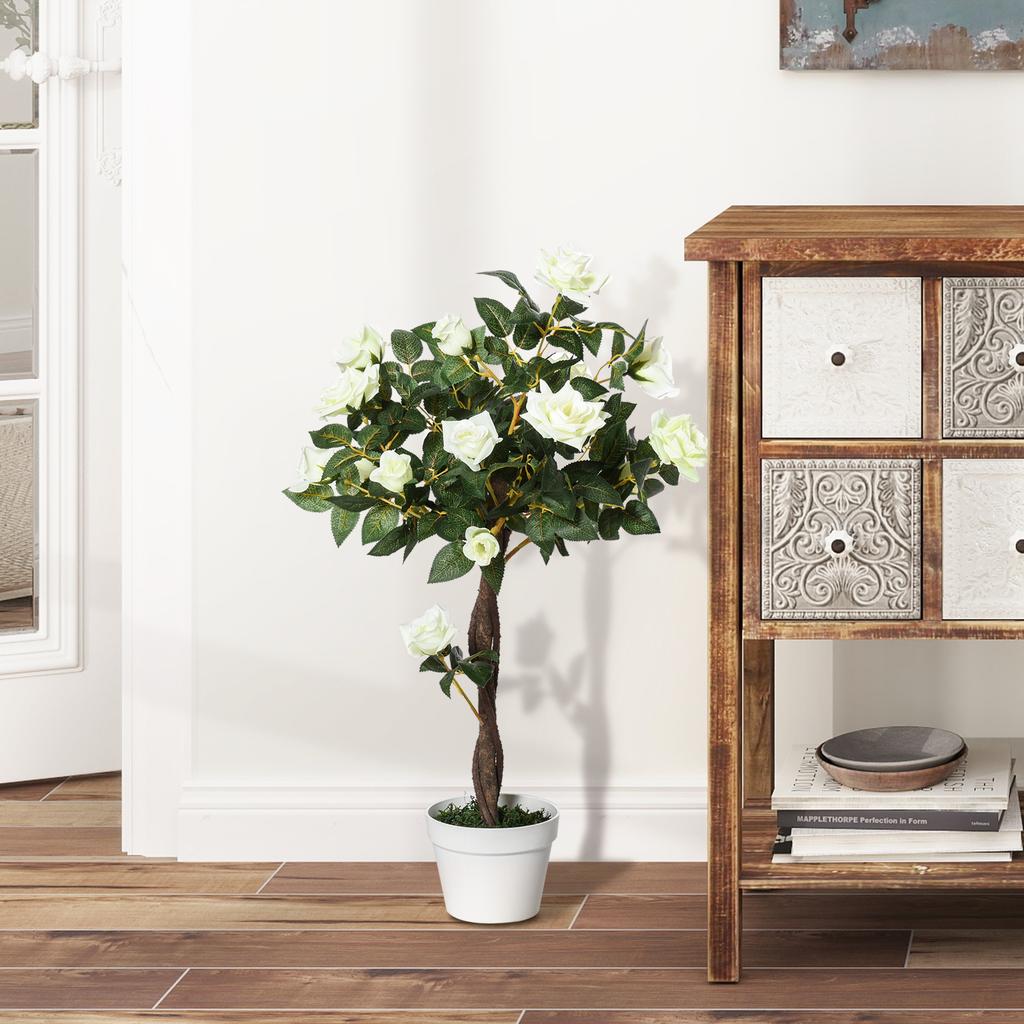 Piante Artificiali Rosa Bianco Floreale in Vaso, Piante Finte per Arredamento Interno Casa, 90cm