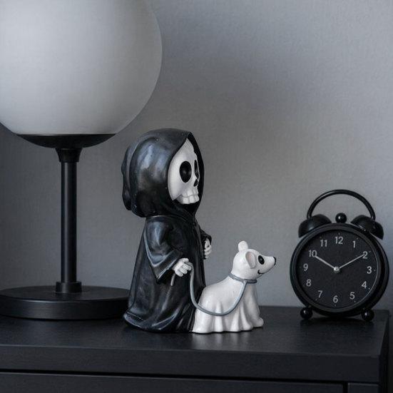 Cute Spooky Halloween Gift Grim Reaper & Ghostly Puppy Resin Figurine, Black Robed Skeleton with Wear-resistant Sculpture Ghost Dog Statue,