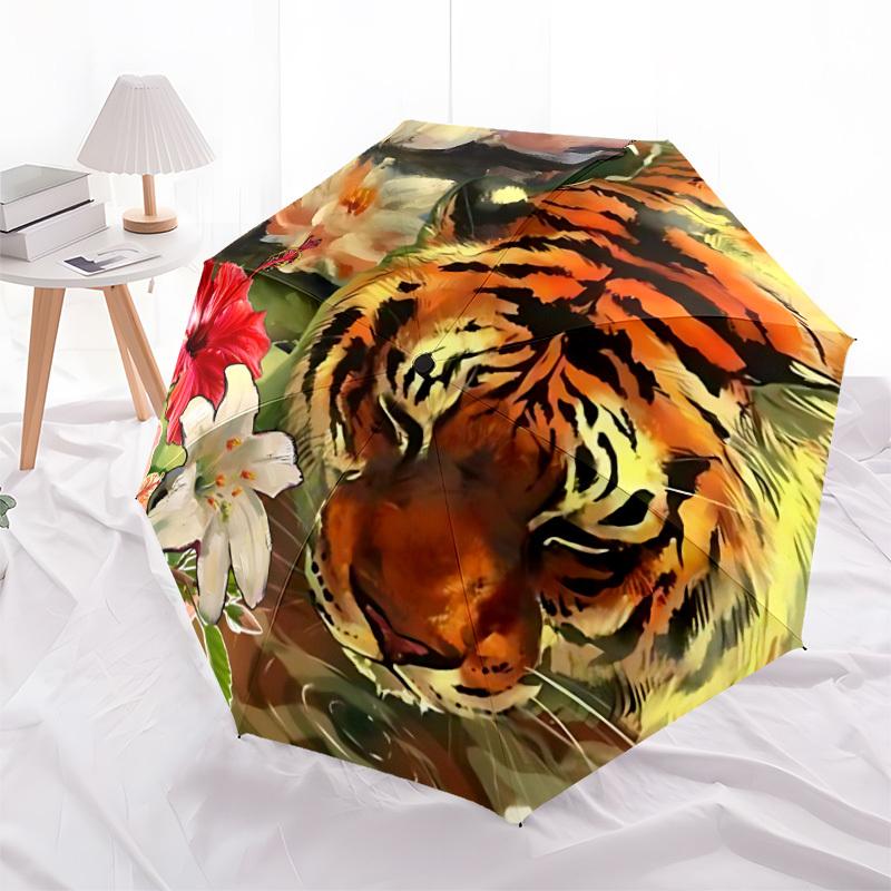 1pc Tiger Flowers Automatic Folding Umbrella Automatic Open/Close, 8-Rib Durable Frame, Compact Travel Umbrella Suitable024