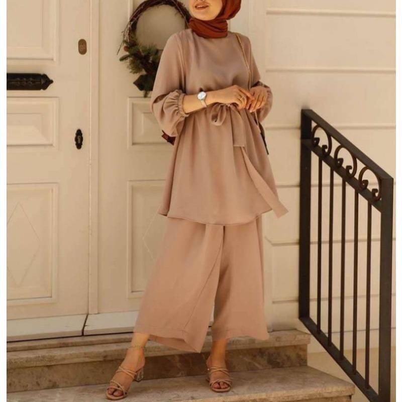 Women's Puff Sleeve Belted Blouse Wide Leg Pants Set Solid Color Casual Two Piece Outfit Islamic Modest Suit