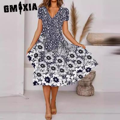 Sommer Frühling Damen Blumendruck V-Ausschnitt Kurzarm Kleid