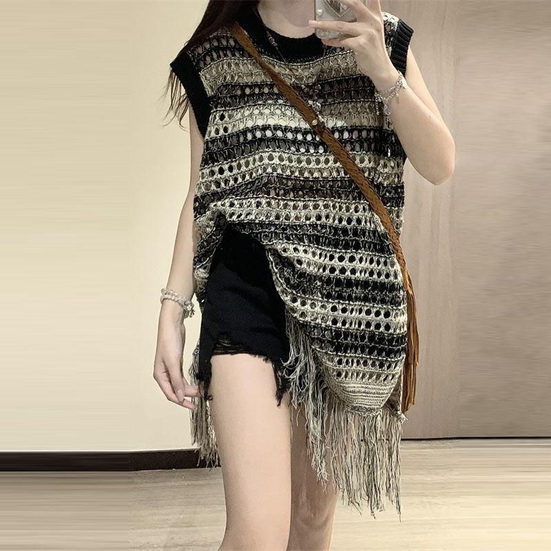 

Топ средней и длинной длины с кисточками для женщин с ретро-дизайном, ажурный жилет без рукавов, летние контрастные полосы L