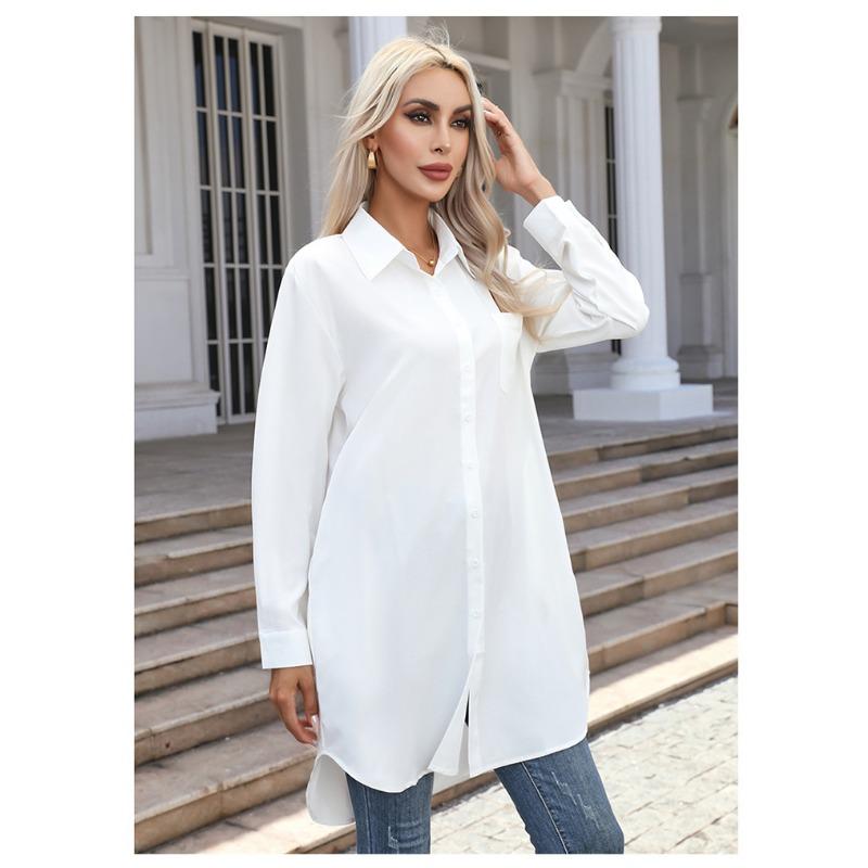 Women Casual Loose Long Length Solid Color Long Sleeve Shirt