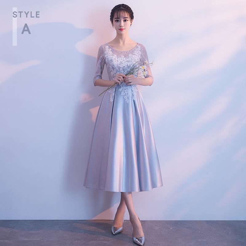 Bridesmaid Dress New Spring Grey Satin Sisters Bridesmaid Dress Medium and Long Girlfriend Dress Sister Dress