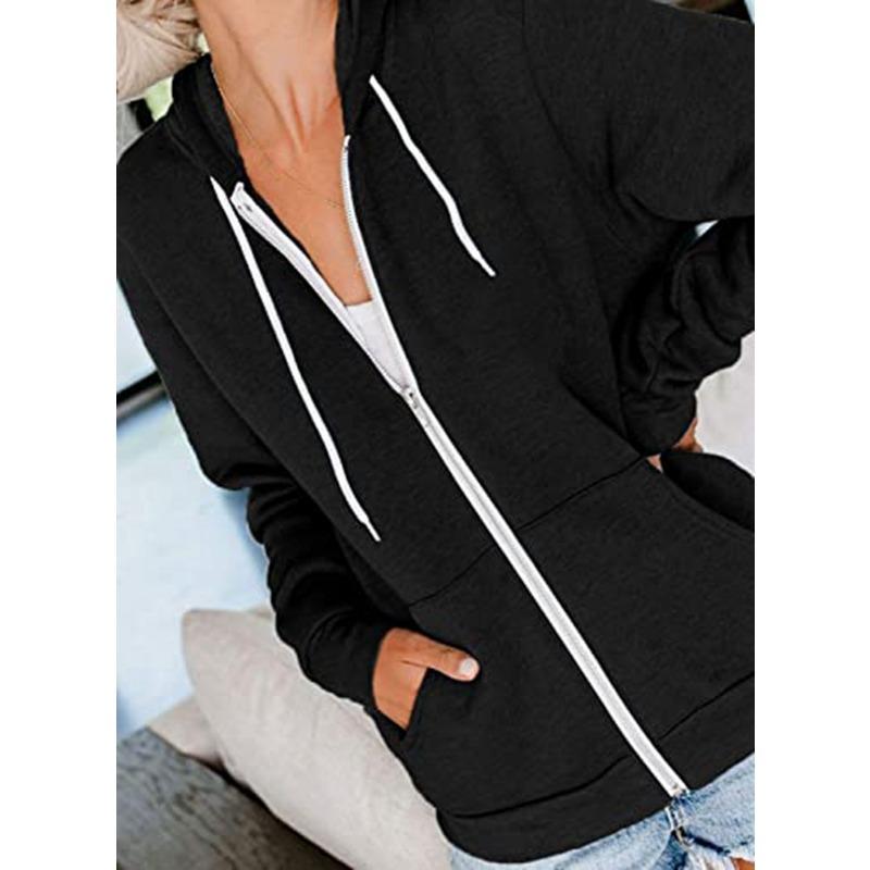 Herbst Damen Einfarbig Langarm Tasche Kordelzug Kapuzen Reißverschluss Verdicktes Sweatshirt