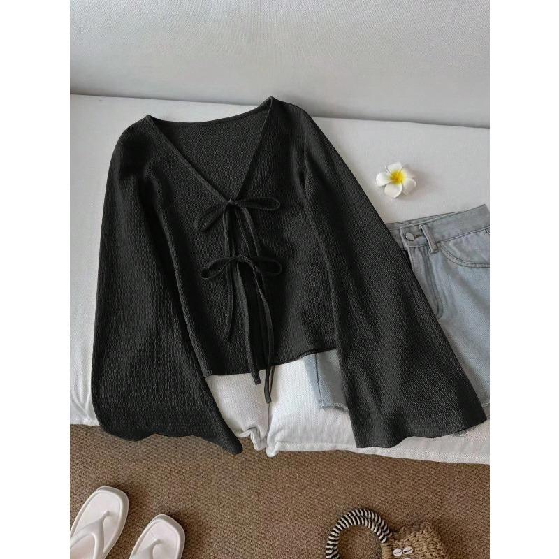 Women s Casual Solid Color Front Semi-Fitted Flare Sleeve Blouse V Neck Knit Cottagecore Spring Fall S чёрный
