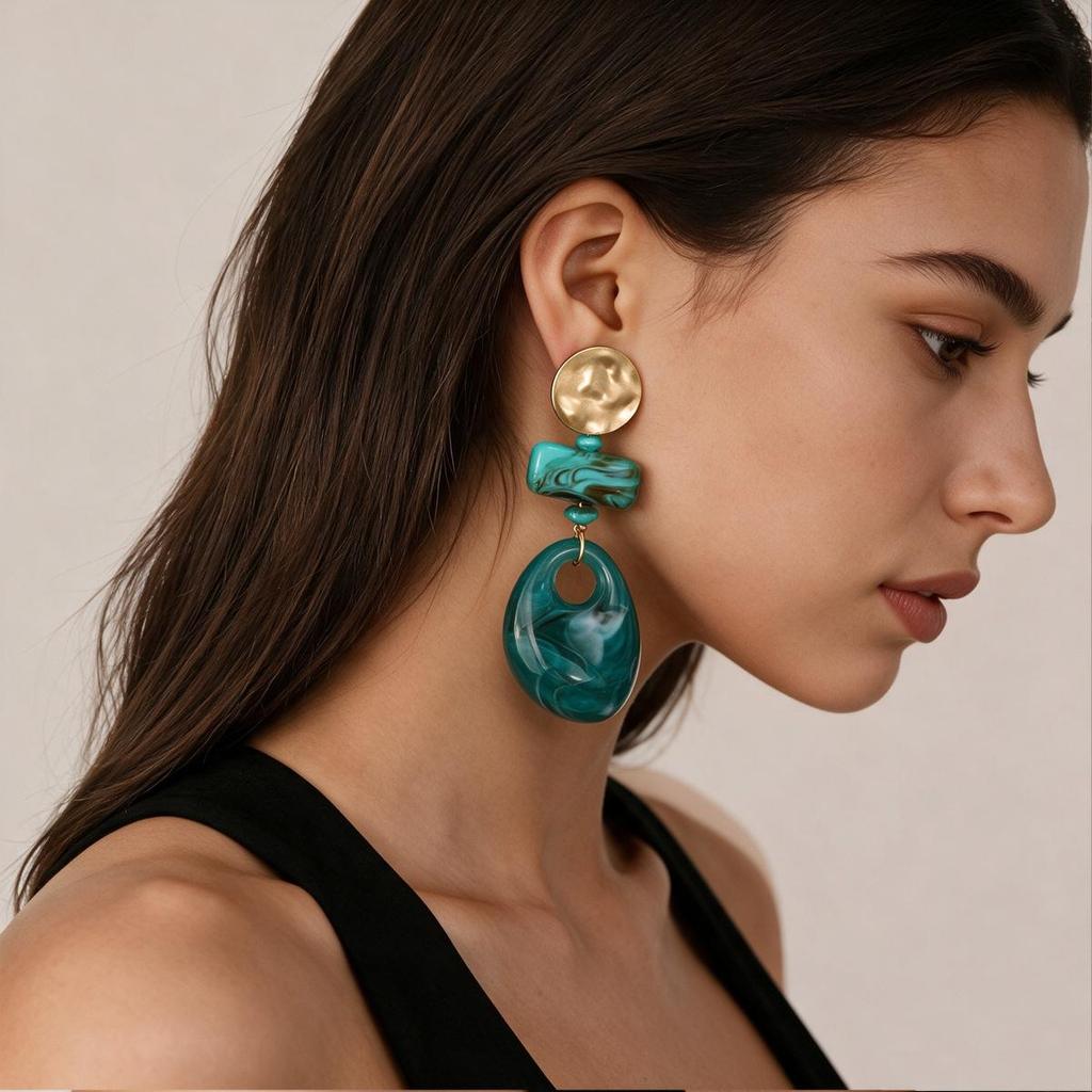Vintage European-American Exaggerated Geometric Resin Earrings: Retro High-End Oval Design for Women
